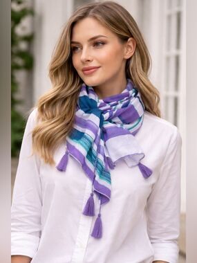 Juncture Orange Multi-Color Striped Scarf with Tassels 63" EUC